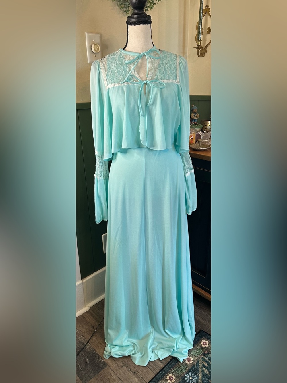Vintage 70s Aqua Blue Maxi Dress With Long Sleeve Cropped Capelet Lace Details